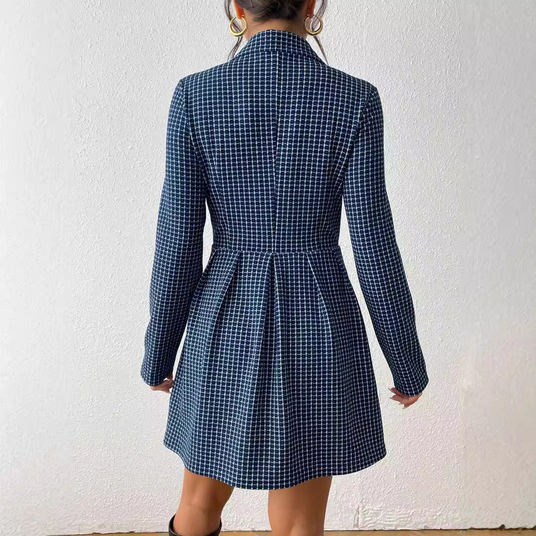 Fashion Plaid Temperament Commute V-neck Long Coat Dress