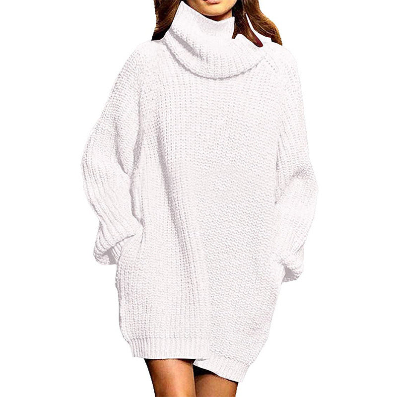 Women's Long-sleeved High-neck Pocket Mid-length Dress Sweater