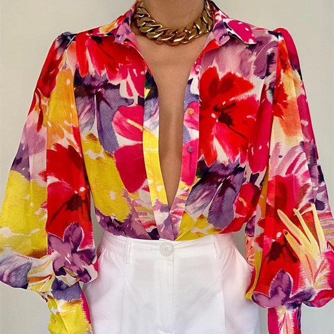 Women's Summer Printed Lantern Sleeve Shirt