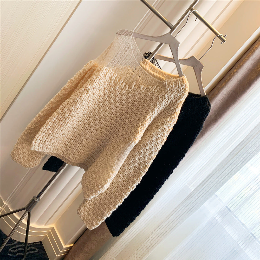 New Openwork Mesh Stitching Thick-knit Knitted Long-sleeved Sweater