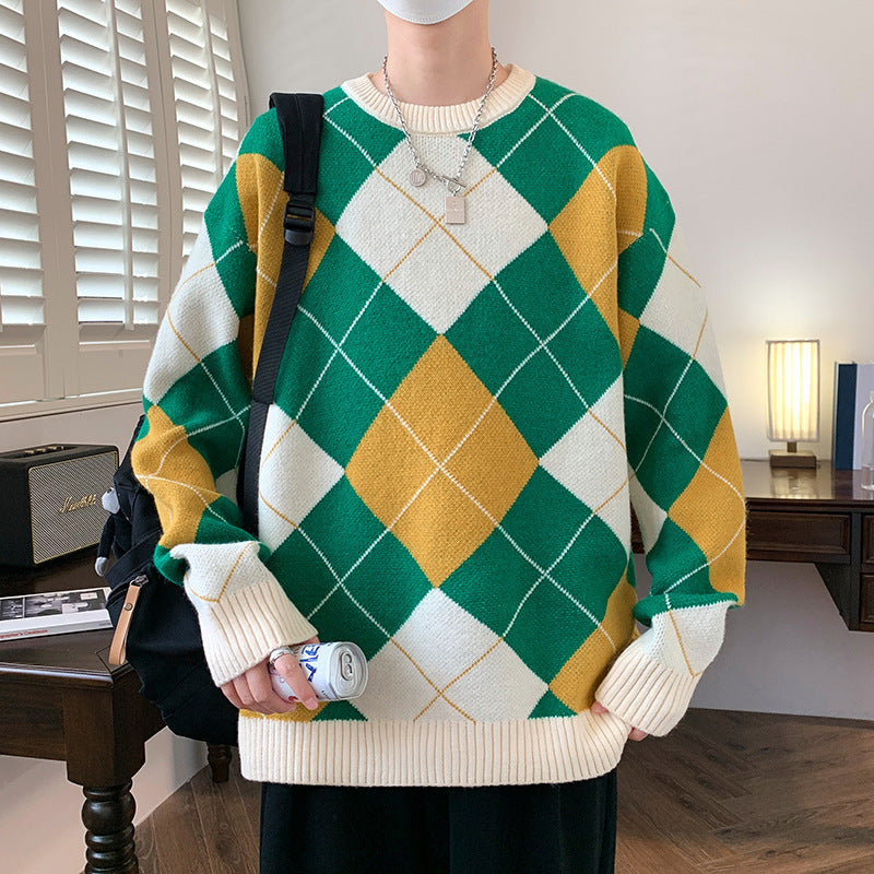 Rhombus Plaid Crew Neck Sweater