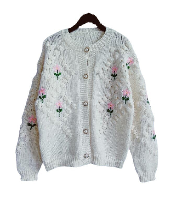 Handmade Crocheted Embroidery Twist Pearl Sweater Cardigan