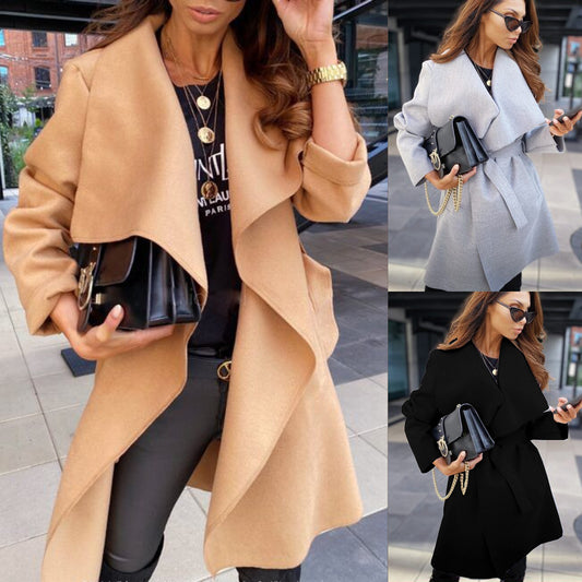 New Women's Long-sleeve Lace-up Cardigan Woolen Coat