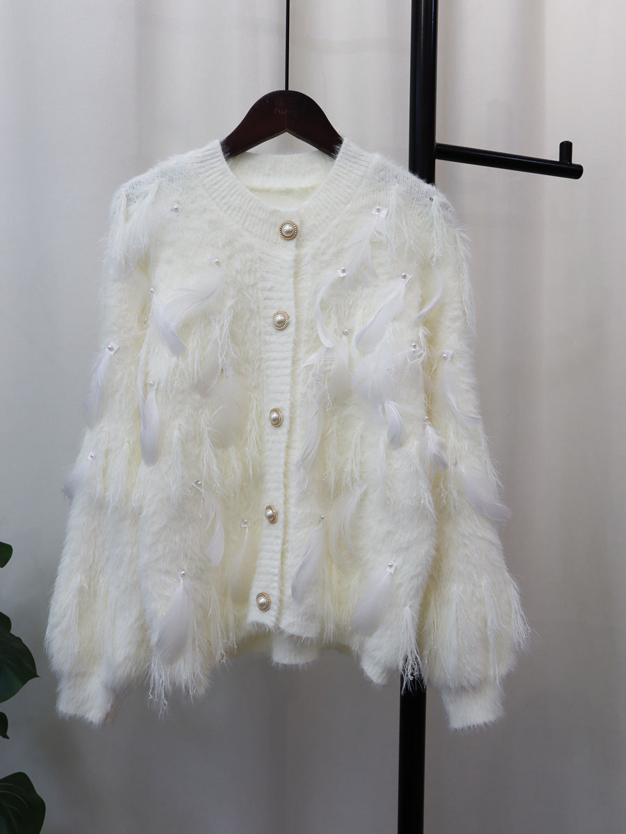 Artificial Mink Fur Gentle Design Feather Beaded Tassel Knitted Cardigan